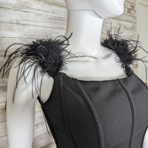 Betsy & Adam Black High Low Dress with Feather Detail